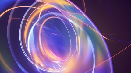 A vibrant spiral pattern emanates in bright lights, with shimmering hues of blue and purple radiating from the center, gradually transitioning to warm tones of orange and yellow towards the edges, set