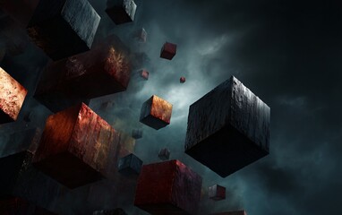 a dynamic scene of glowing blocks floating in the air, representing data visualization and artificial intelligence. the background is dark with subtle lighting to highlight these cubes.