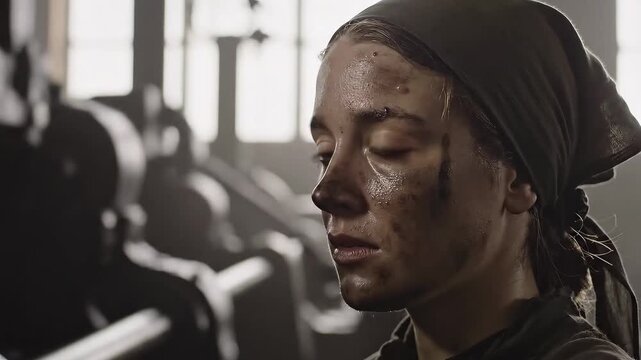 Portrait of a young factory worker woman with a dirty face smiling.