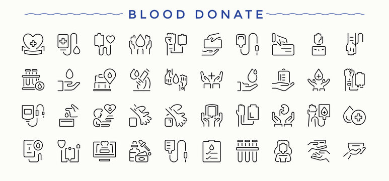 Blood Donate line icon set. Donation simple line vector icons. Modern thin line style icons. Donor icon set. Editable stroke. Vector collection.