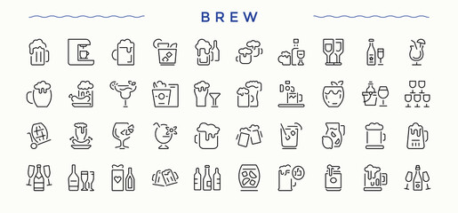 Brewing icon set in linear style. Contains related to drink, brew, glass, hop, bar. Beer vector line icon set. Minimal linear icons. Vector illustration in modern line style.