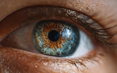 close-up of a male eye with a brown iris and dark circles under the eyes, macro photography. close-up of a mature man's facial skin around an aged person's blue-gray eye, 
