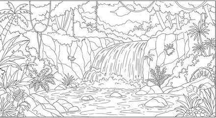 Obraz premium Serene Jungle Waterfall with Lush Vegetation and Tropical Plants, Nature Scene