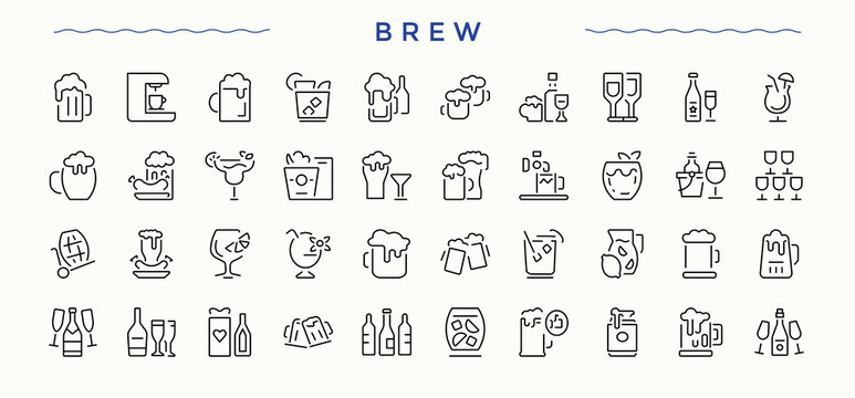 Brewing icon set in linear style. Contains related to drink, brew, glass, hop, bar. Beer vector line icon set. Minimal linear icons. Vector illustration in modern line style.