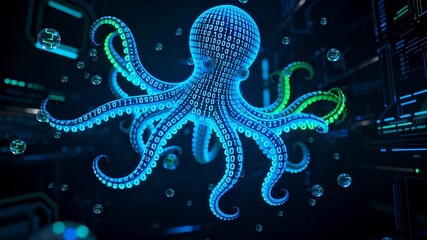 Binary code octopus with curling tentacles floating in digital space with transparent spheres. Seamless loop animation with dynamic camera motion.