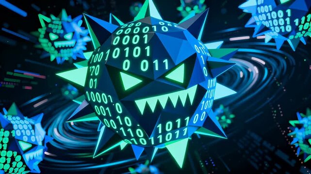 Animated digital viruses with binary code, rotating in cybernetic space with glowing blue and green geometric shapes. Seamless looping motion graphics.