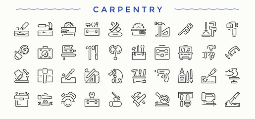 Carpentry line icon set. Repair vector line icon set. Featuring tools, wood craft, carpenter, tool, carpenter tools and more. Pixel perfect. Vector illustration.