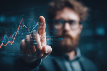 Investor analyzing intricate digital financial graphs on a virtual display, navigating complex data.
