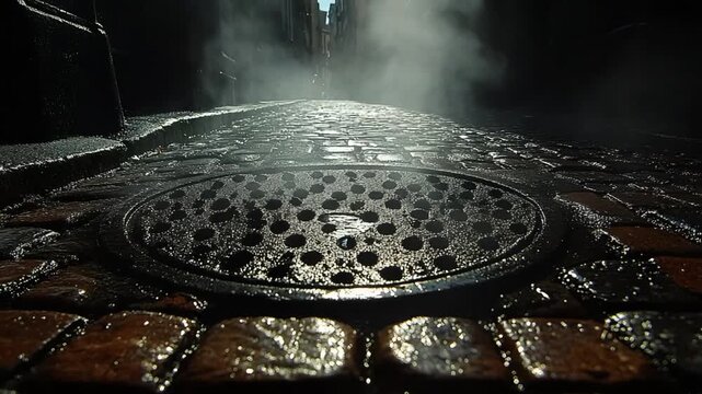 Mysterious urban scene with a manhole cover and steam.