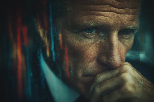 Thoughtful man analyzing intricate financial data with serious concentration.