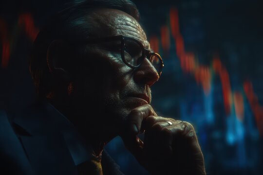 Mature businessman contemplates declining market trends with a worried expression - Powered by Adobe