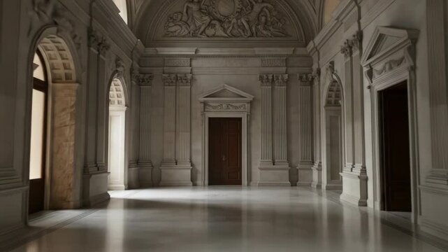 Grand hall with ornate columns, arched doorways, and sculpted relief on a marble floor