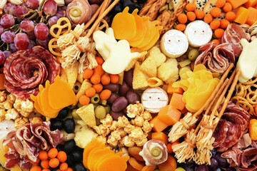 Halloween charcuterie board fun food mix: ghosts, mummies, pumpkins, eyes, brooms. Party spooky salty snacks