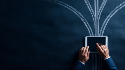 Person using tablet to explore financial options on dark background, symbolizing decision making and analysis