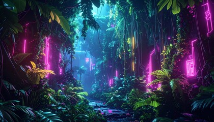 Fototapeta premium Vibrant Neon Jungle with Glowing Plants and Mystical Atmosphere.