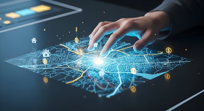 Hand Interacting with Holographic City Map on Touch Screen for Smart Real Estate and Finance Analysis