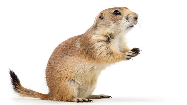 Isolated Prairie dog stands alert, looking up; cute mammal with tan fur, paws together
- Powered by Adobe