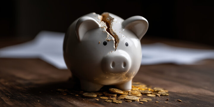 Broken piggy bank with scattered coins on wooden table surface