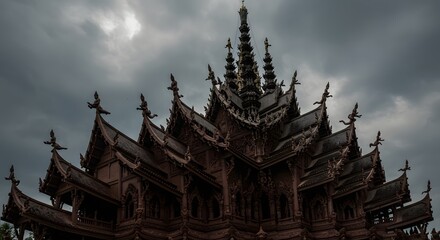 Ornate Wooden Temple Building with Intricate Carvings Under a Cloudy Sky