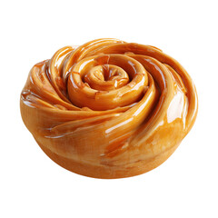 Caramelized pastry roll dessert isolated on black background.
