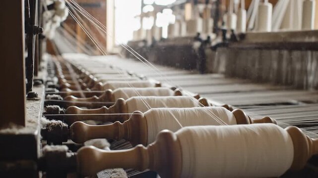 White cotton threads move through a spinning machine in a textile factory.
