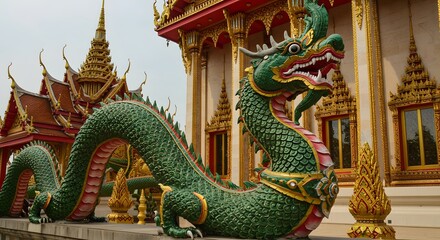 Fototapeta premium Ornate Green Dragon Sculpture Guarding a Thai Temple Building with Golden Details