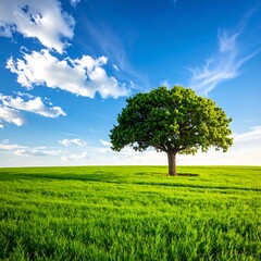 A vibrant tree on a lush green field under a bright blue sky
