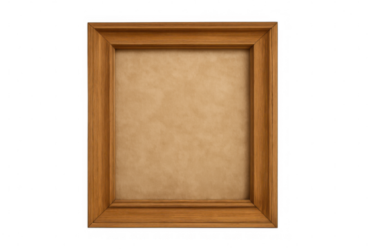 Empty wooden picture frame with parchment insert, displaying blank space for text or image, transparent background
