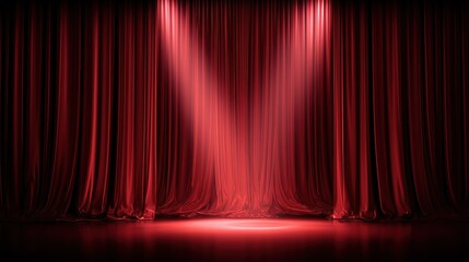 Red theater curtain illuminated by spotlights on an empty stage. Ideal for product presentation, banners, posters, and advertising. World theater day. Copy space