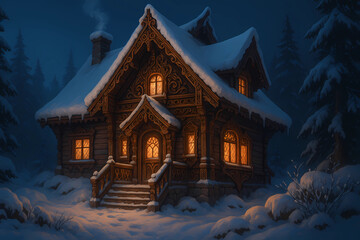 Obraz premium Fairy-tale carved wooden house with ornate details.