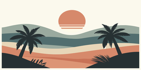 Serene retro-inspired sunset scene with stylized palm trees and undulating desert landscape.