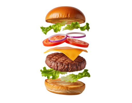 Build-your-burger menu hero for fast casual restaurants and delivery menus layered ingredients for customization or allergy notes or calorie info and seasonal specials and combo offers on menus