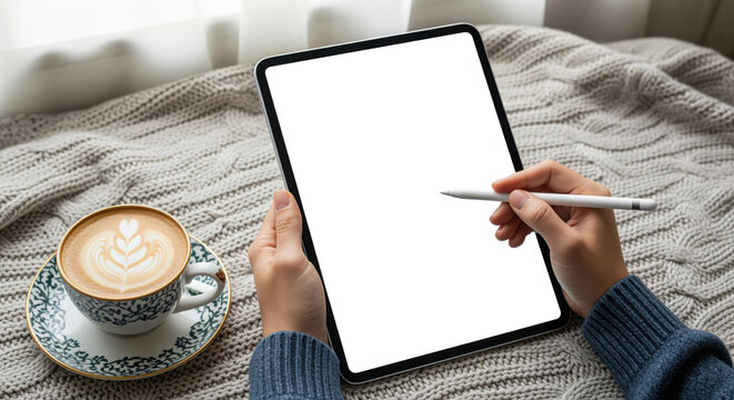 Cafe winter newsletter header or bakery sale story template with tablet note taking and latte foam, handy for loyalty announcements and curbside order messages for small shops during cold weekends