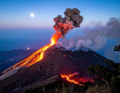 Erupting volcano illuminated by molten lava under a moonlit twilight sky - Powered by Adobe