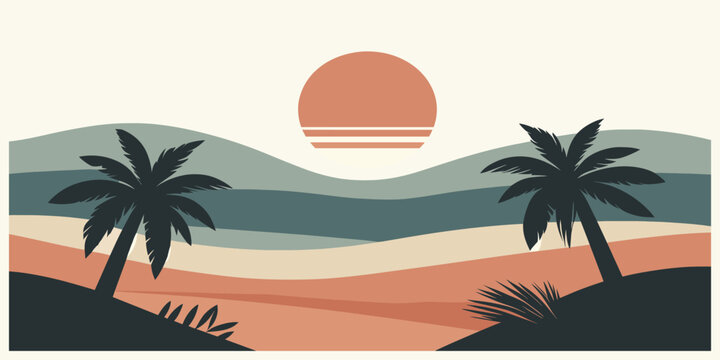 Serene retro-inspired sunset scene with stylized palm trees and undulating desert landscape.
