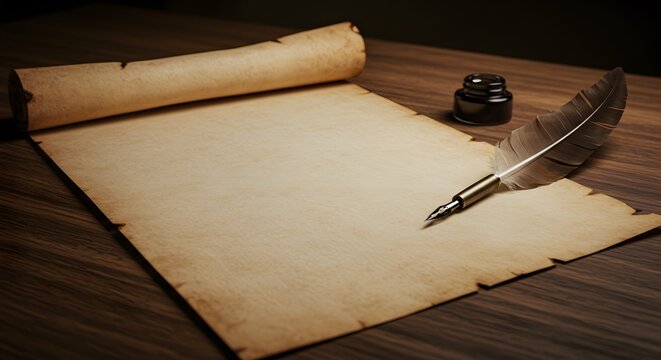 Vintage Quill Pen and Inkwell on Aged Parchment Paper Scroll, Writing Concept