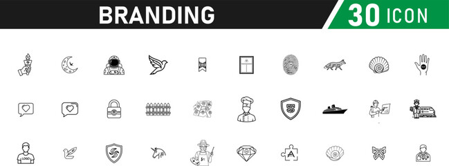 Branding icon set. Containing marketing, promotion, announcement, branding, campaign, Ad, billboard, banner and more. Liner icons collection.