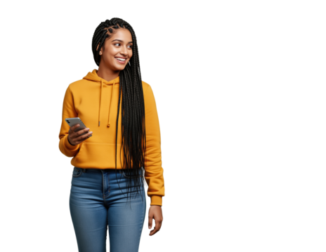 Youth community update banner with a cheerful young woman checking messages for an upcoming meetup header for event schedules and RSVP links or neighborhood news about campus and student initiatives