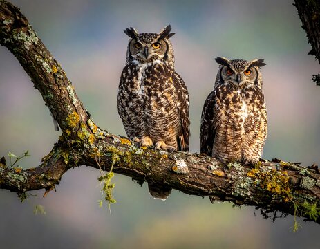 Two magnificent owls perched on a branch, focused and alert - Powered by Adobe