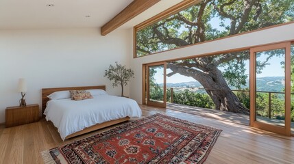 Modern bedroom with expansive patio views.