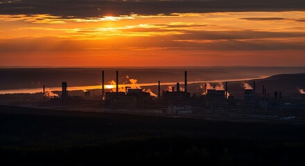Fototapeta premium Industrial complex at sunset with orange sky