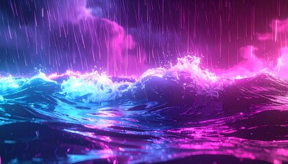 Fototapeta premium Vibrant Neon Ocean Waves and Rain in a Dynamic Storm.