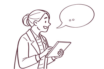 Illustration of a woman working positively and cheerfully. Desk work. Office. Suit. Business setting.