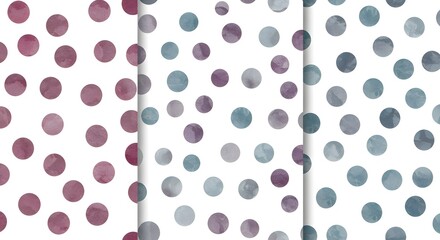 Seamless Watercolor Polka Dot Patterns in Purple and Teal Tones on White Background