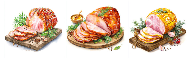 Hand-painted illustration of honey glazed ham set with sliced pieces on wooden board, rosemary and cloves, festive Christmas dinner watercolor clipart on white background.
