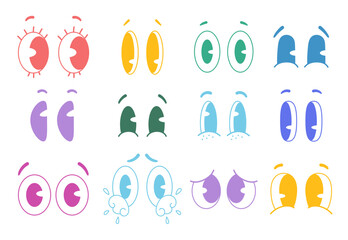 Cartoon retro colorful eye face expression comic style isolated set. Vector graphic design element illustration