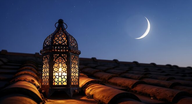 Photo of an ornate moroccan lantern glows on a tiled rooftop under a crescent moon and starry night sky, evoking ramadan or islamic ambiance