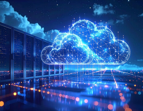 Cloud computing visualization with servers, city lights, and network - Powered by Adobe