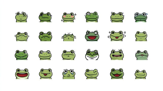 Cartoon frog faces collection diverse expressions on white background