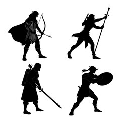 Naklejka premium Vector art of set of fantasy warrior silhouettes, including archer and spearman